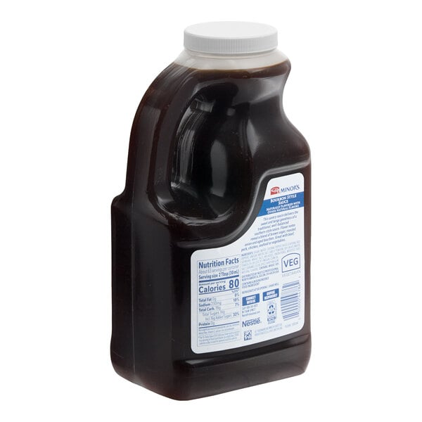 A 0.5 gallon plastic jug of Minor's Bourbon Style Sauce with a white screw cap and labeled nutritional information.