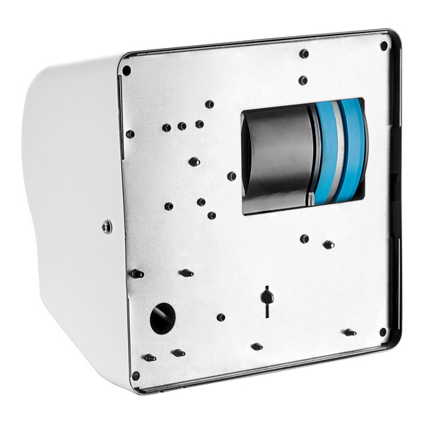 A white American Dryer electric hand dryer with blue and black circles.