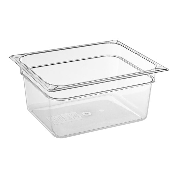 A Carlisle clear plastic food pan with a lid on a counter.