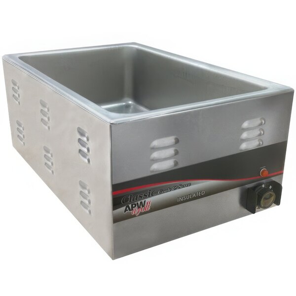 A rectangular silver APW Wyott countertop food warmer with a black handle and lid.