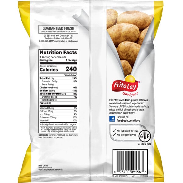 A Lay's Classic Potato Chips bag with the nutrition label.