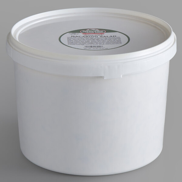 A white bucket with a label on the lid for Spring Glen Fresh Foods 10 lb. Dutch Macaroni Salad.