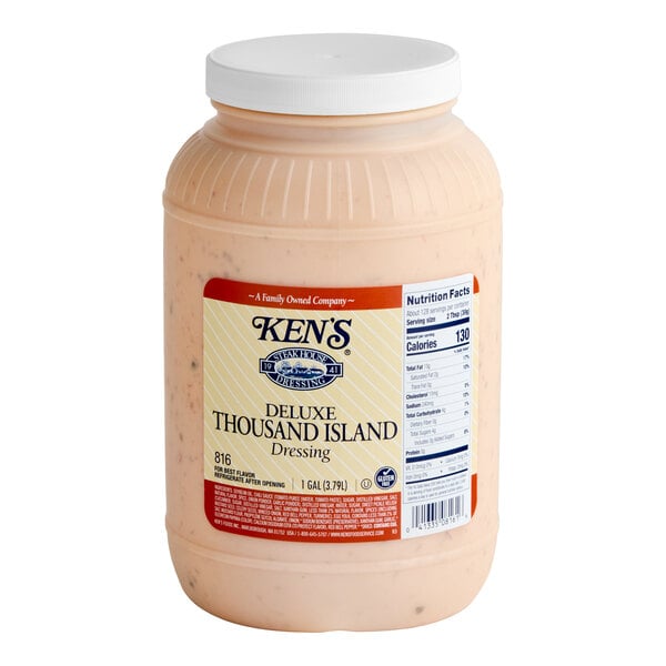 A 1-gallon container of Ken's Foods Deluxe Thousand Island Dressing.