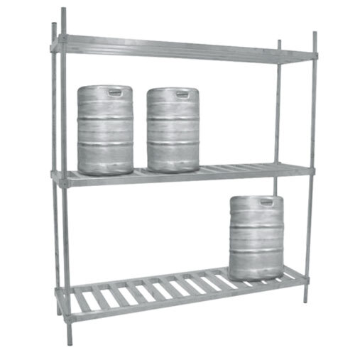 An Advance Tabco metal keg rack with three kegs on it.