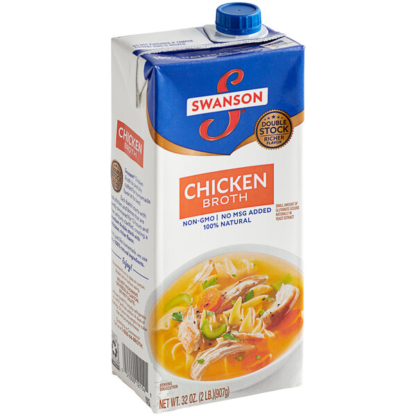 A white carton of Swanson Chicken Broth.