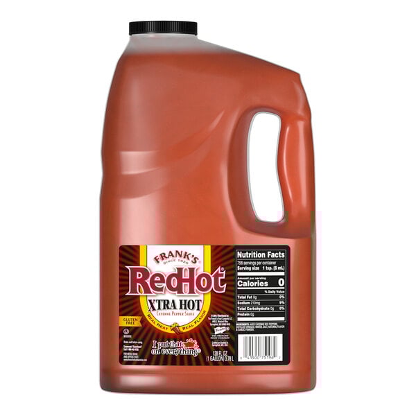 A 1-gallon jug of Frank's RedHot XTRA Hot Cayenne Pepper Sauce.