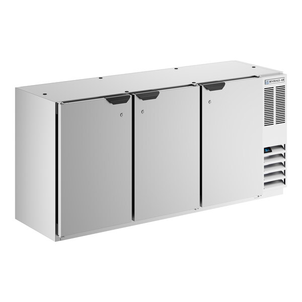 A stainless steel underbar height back bar refrigerator with three solid doors.
