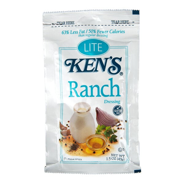 A single-serve packet of Ken's Lite Ranch Dressing with images of ingredients on the front.