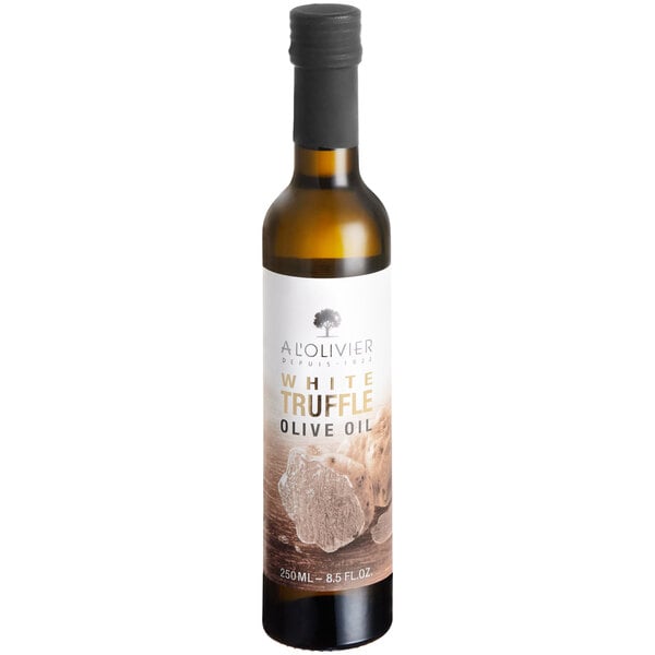A bottle of 8.45 oz. White Truffle Oil with a white label.