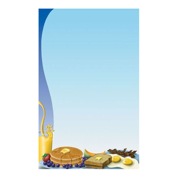 A menu paper design featuring a breakfast-themed illustration at the bottom with pancakes, toast, eggs, bacon, fruit, and a pitcher, set against a blue gradient background with ample blank space for text.