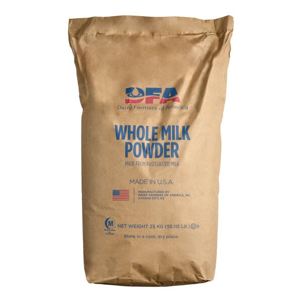 A large brown paper bag labeled as whole milk powder with a net weight of 55 pounds.