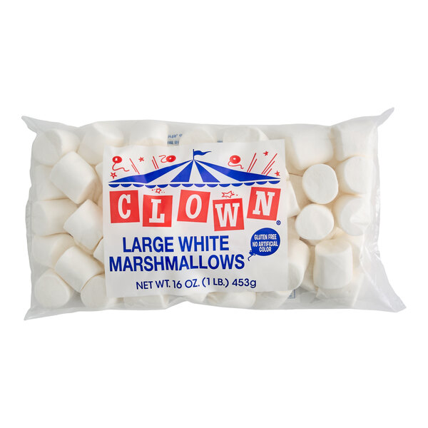 A 1 lb. bag of Clown brand large white marshmallows.