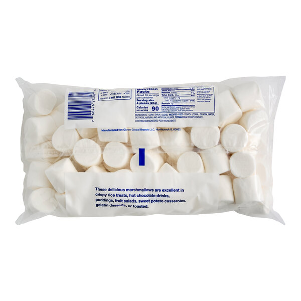 A 1 lb. bag of large white marshmallows in clear packaging.