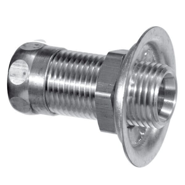 A close-up of a Fisher stainless steel threaded pipe nipple.