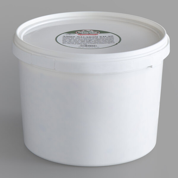 A white plastic container of Spring Glen Fresh Foods Amish Macaroni Salad with a label.