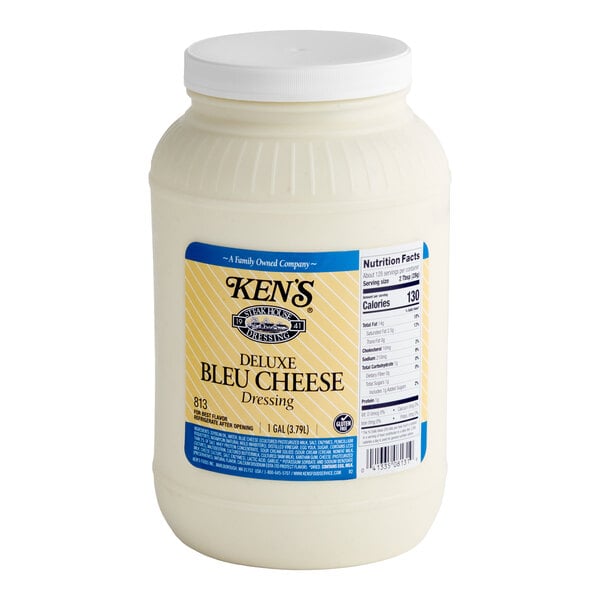 A 1-gallon container of Ken's Deluxe Bleu Cheese Dressing.