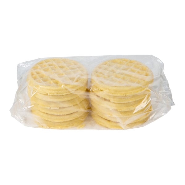 A stack of Kellogg's Eggo Homestyle Waffles wrapped in plastic.