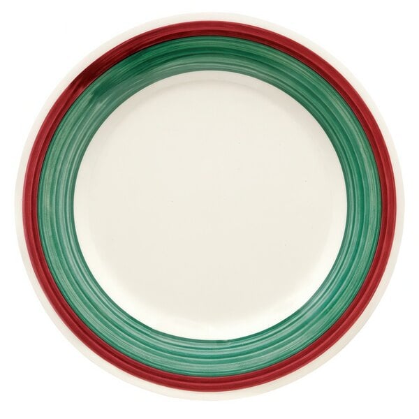 A white Portofino plate with a red and green border.