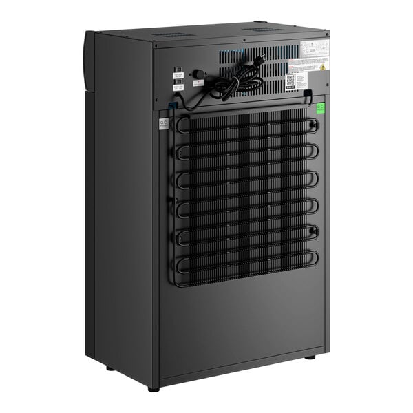 The image shows the back view of a black rectangular appliance with a visible cooling coil, power cord, and informational labels.