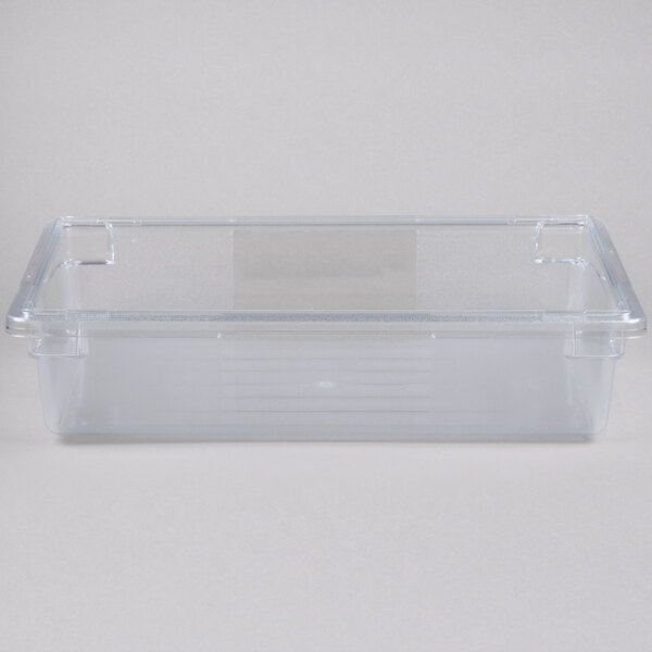 A clear Rubbermaid food storage box with a clear lid.