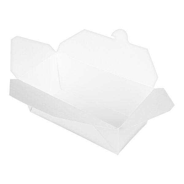A white Fold-Pak Bio-Pak take-out box with a lid.