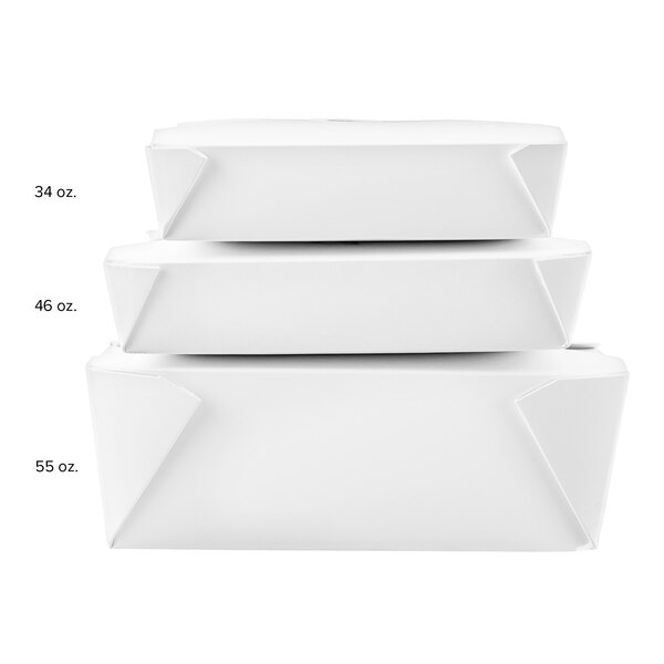 A stack of white Fold-Pak Bio-Pak paper take-out boxes.