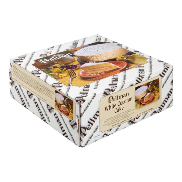 A box of Pellman White Coconut Cake with images of the cake and a slice on the packaging.