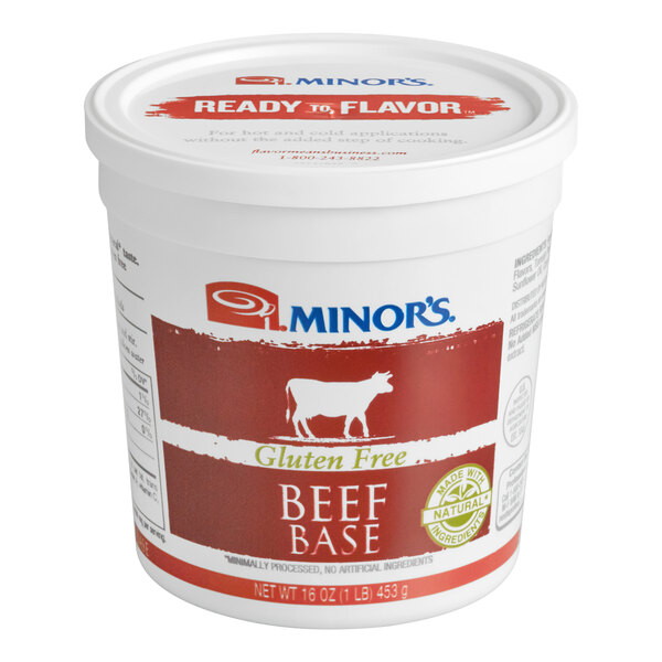 A white container of Minor's Gluten-Free All-Natural Beef Base with a red label.