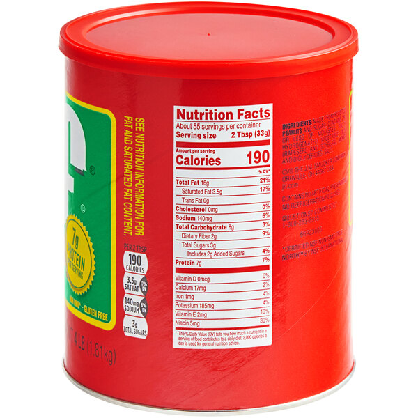A red and white container of Jif Creamy Peanut Butter with a label.