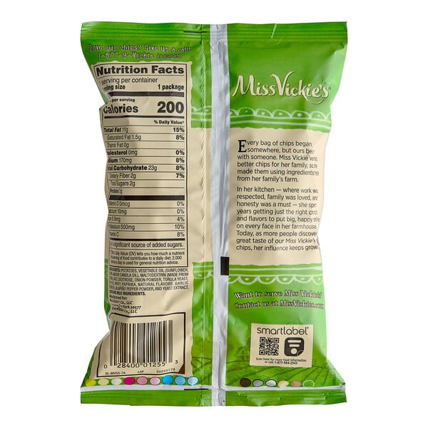 A white and green bag of Miss Vickie's Jalapeno Kettle Potato Chips with text and numbers.