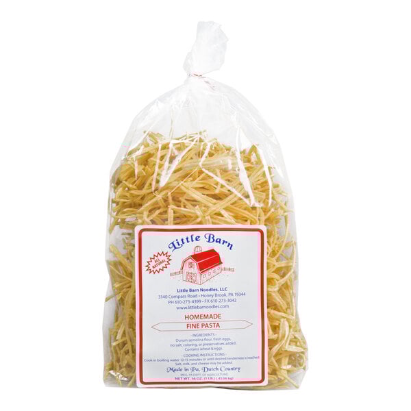 A bag of Little Barn Homemade Fine Egg Noodles with a label.