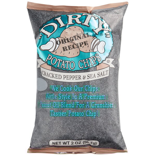 A white bag of Dirty Potato Chips Cracked Pepper and Sea Salt potato chips with text.