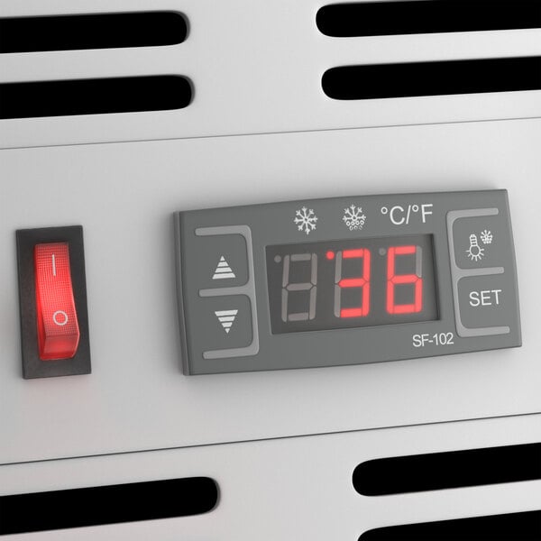 An Avantco countertop sushi display case with a digital temperature display and switch.