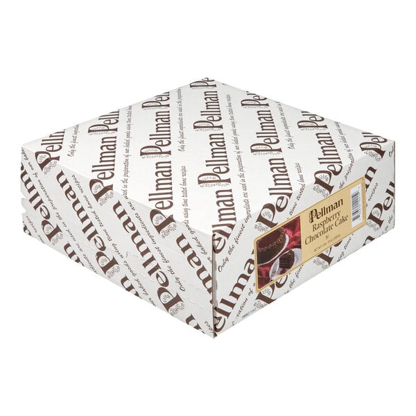 A white, square cake box with brown diagonal Pellman branding and a label indicating it contains a raspberry chocolate cake.