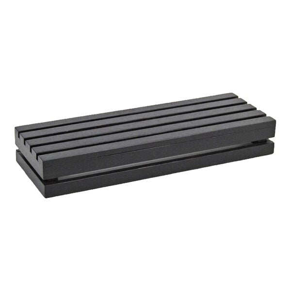 A rectangular black crate riser with horizontal slats, measuring 20 inches by 7 inches by 3 inches.
