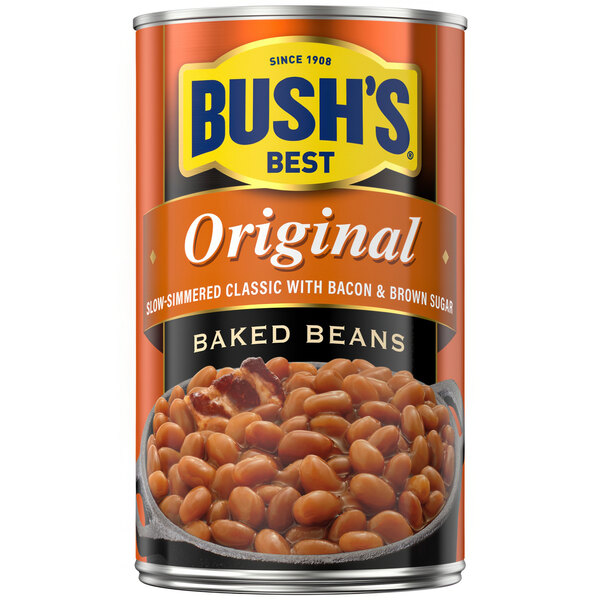 A case of Bush's Best Original Baked Beans with a can of baked beans opened in a kitchen.