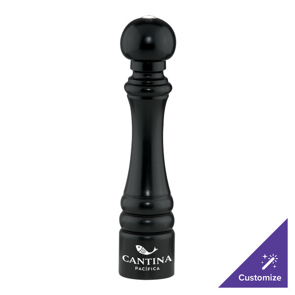 A black cylindrical Chef Specialties President salt and pepper shaker with white text on the side and a white top.