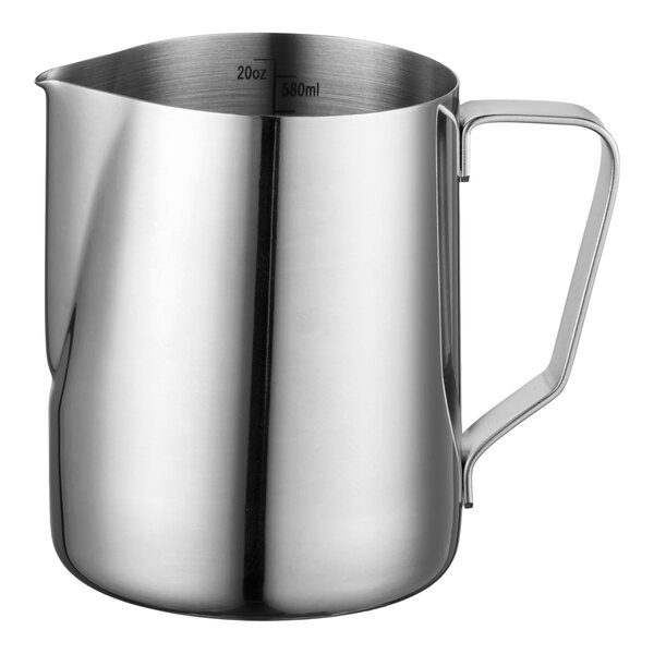 A 20 oz. polished stainless steel frothing pitcher with a handle.