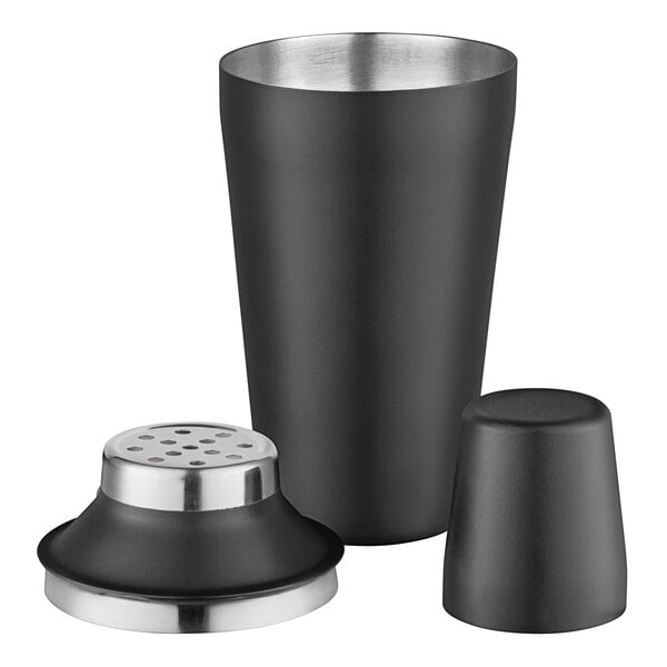 A matte black Acopa Cobbler cocktail shaker with stainless steel parts.