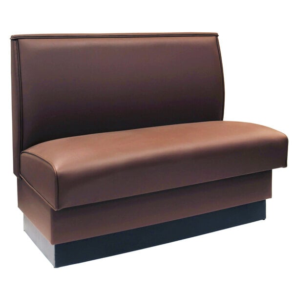 An American Tables & Seating mocha brown leather booth with a black base.