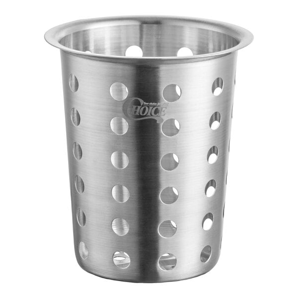 A stainless steel perforated flatware holder cylinder.