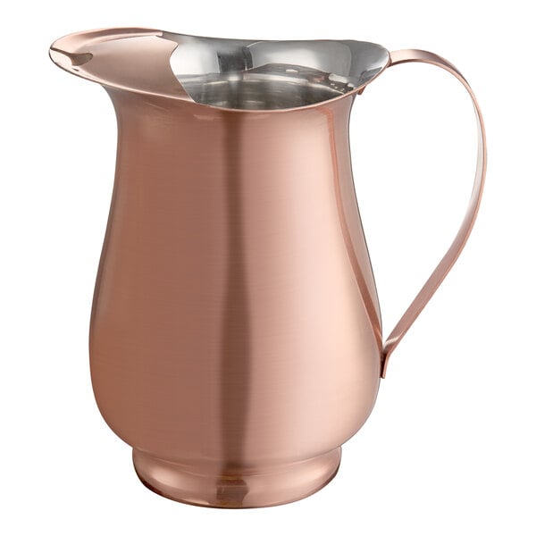 A satin copper stainless steel slender bell pitcher with an ice guard and a 64 oz. capacity.