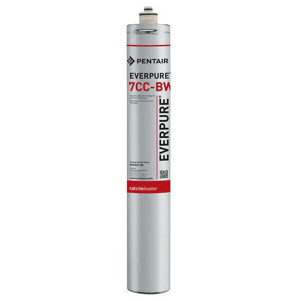 An Everpure water filter cartridge with a white can and black text and a red label on the silver cylinder.