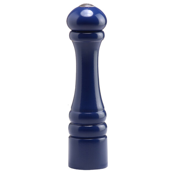 A cobalt blue ceramic salt shaker with a silver top.