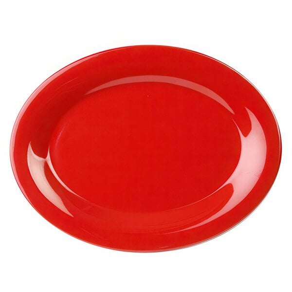 A red oval Thunder Group melamine platter.