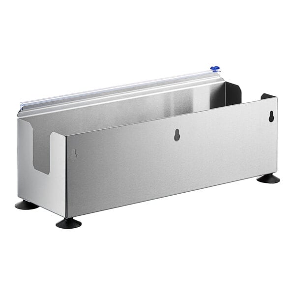 A stainless steel film and foil dispenser and cutter with an 18-inch capacity.