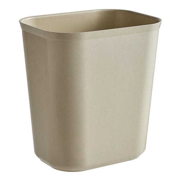 A beige Rubbermaid rectangular plastic wastebasket.