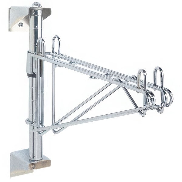 A chrome Metro wall mount for a shelf with three hooks.