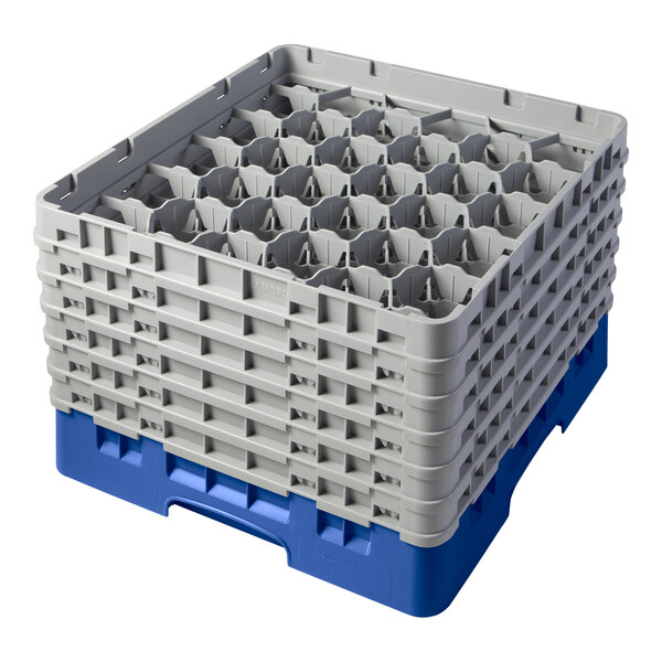 A blue Cambro plastic glass rack with extenders.