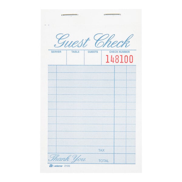 Adams 2100-12 1-Part White / Blue 100-Count Guest Check Book - 4/Case